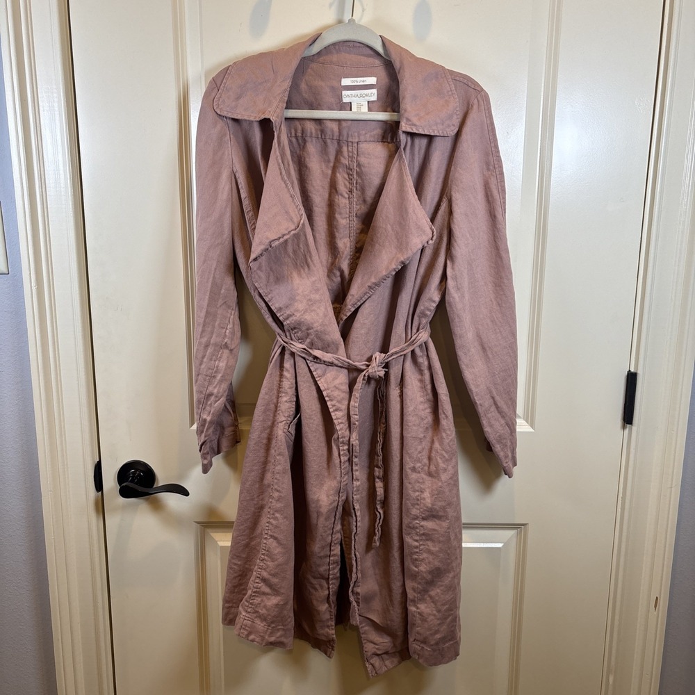 Quiet Luxury 100% Linen Duster Coat Cynthia Rowley Mauve Tie Waist Size Medium
